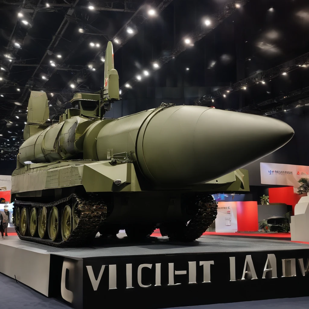 4k, 8k, hd, masterpiece, detailed military short-range ballistic missile, Soviet-era Scud-B missile model Vichit-3 produced by Thailand's Defense Technology Institute under Royal Thai Army supervision, military vehicle technology showcase at Queen Sirikit National Convention Center in Bangkok