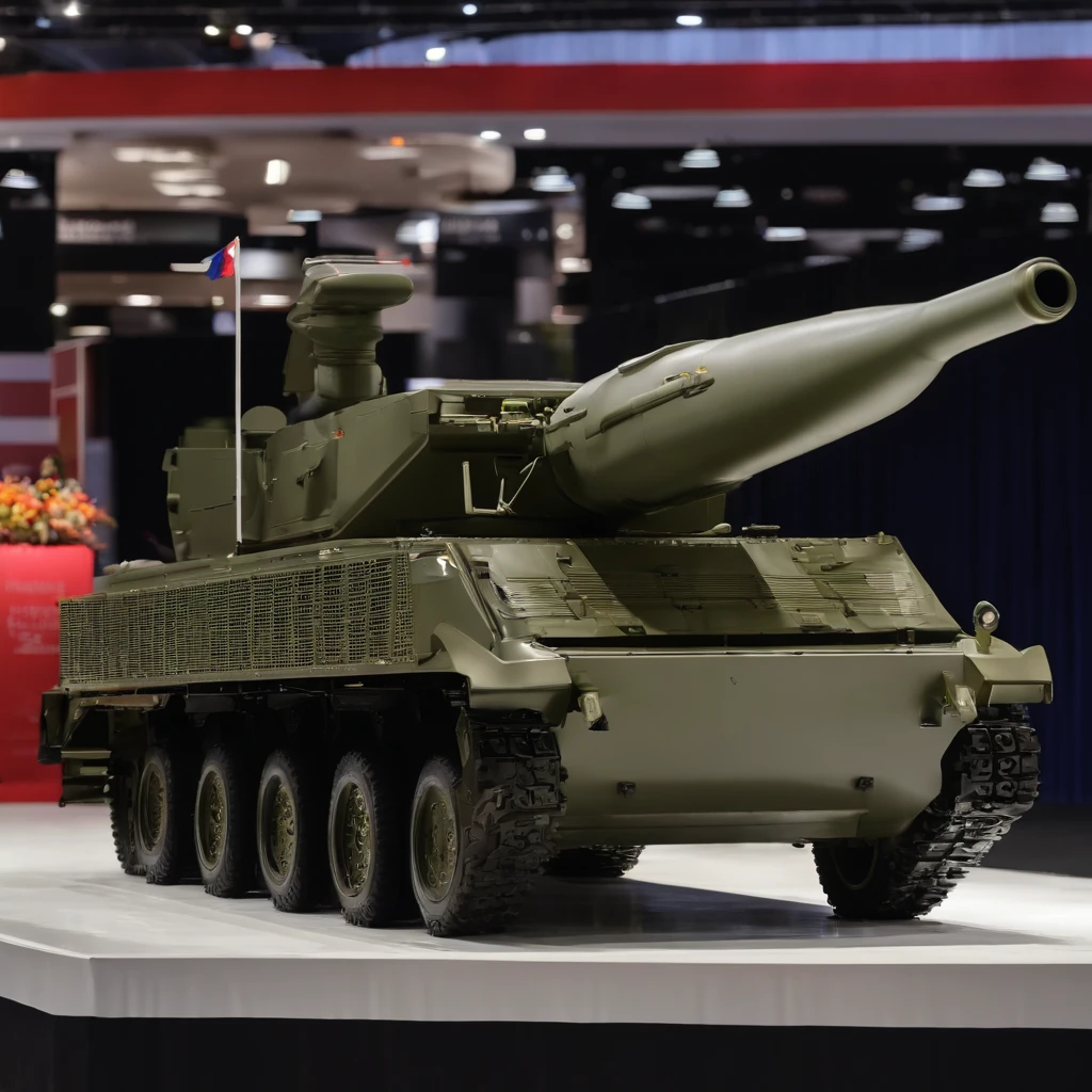 4k, 8k, hd, masterpiece, detailed military short-range ballistic missile, Soviet-era Scud-B missile model Vichit-3 produced by Thailand's Defense Technology Institute under Royal Thai Army supervision, military vehicle technology showcase at Queen Sirikit National Convention Center in Bangkok