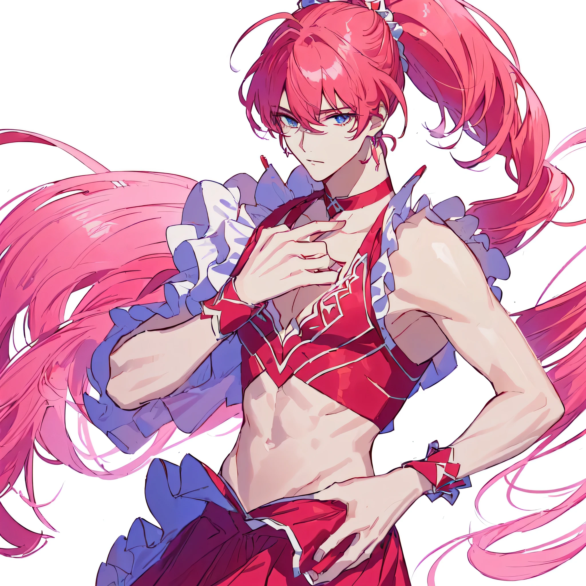 Close-up of a boy wearing a red and pink crop top dress with a brooch、Official artwork、He has long red-pink hair、boy with long pink hair、Blue Eyed Boy、Two Side Up Hair、red hair bow、Long legs、solo、Red layered ruffle mini skirt、Black thigh-high socks、Red High Heels、Bare shoulders、Red Wrist Cuffs、Cool Magic Boy、Official character art、Splash art anime、style of Magic Boy、Full body close-up、Official Fan Art、Anime Moe Art Style、Happy!!!、!!Full body portrait!!、Official character illustration、sparkling Magic Boy、Heavenly Aura、Prince of Ruby、Hymn to the King as a Prince、Magic Boy、portrait of Magic Boy、Cowboy Shot、Pink iconic character、perfect costume、perfect body、perfect hands、perfect arms、perfect legale body:1.3)、