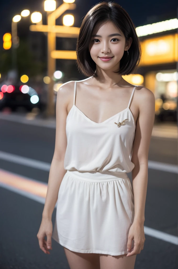 最high quality, Tabletop, High resolution,24 years old wearing white camisole, 1 Girl,Very beautiful face,(Ultra-high definition photography of extremely beautiful faces)(black camisole)hair ornaments,, Gemstone Diamond,Realistic, New York night view、Blur the background、,Full body image,(High resolutionスキン:1.2),Smiling and looking at the camera,Full body image 8K UHD, Digital single-lens reflex camera, In the soft and bright sunlight,high quality, Volumetric lighting, Frank, photograph, High resolution,Full body image,4K、Japanese college student、A sloppy smile、Stand up straight、((((上半身のphotograph)))),One person,Short Hairstyles、camisole