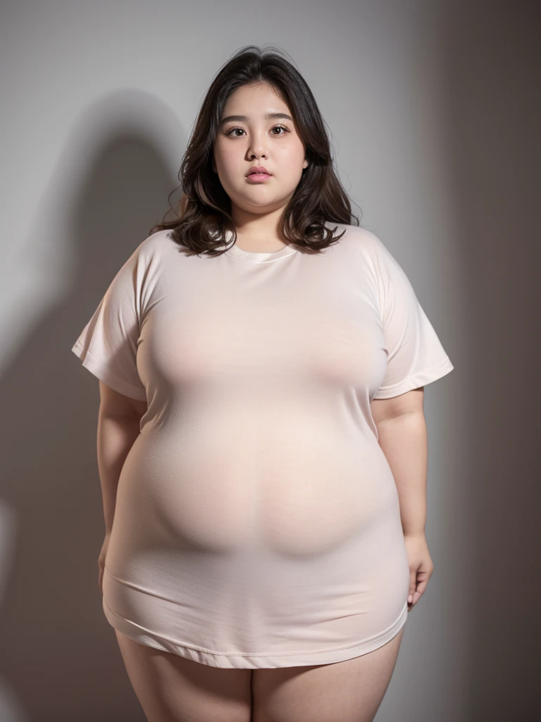 a fat 10 year old obese girl,detailed face with chubby cheeks,double chin,wide nose,full lips,exaggerated proportions,heavy set body,short height,wearing casual clothes,standing in a plain background,realistic style,highly detailed,photorealistic,cinematic lighting,warm color palette