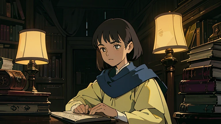 A girl, ensconced in a cozy corner on a rainy evening, sits surrounded by a jumble of books with an intensely profound study attitude. The soft yellow glow of the desk lamp illuminates her thoughtful expression, revealing her deep concentration and composed posture. Her inquisitive eyes dart back and forth between the pages, her nimble fingers turning them with subtle tilt, as she absorbs the old world wisdom contained within. The timeworn margins and sultry aura of the books add to the quiet night ambiance, creating a peaceful and tranquil countenance. This scholarly young woman, clad in plain attire, appears to be a seeker of knowledge and intellect
