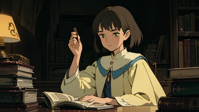 A girl, ensconced in a cozy corner on a rainy evening, sits surrounded by a jumble of books with an intensely profound study attitude. The soft yellow glow of the desk lamp illuminates her thoughtful expression, revealing her deep concentration and composed posture. Her inquisitive eyes dart back and forth between the pages, her nimble fingers turning them with subtle tilt, as she absorbs the old world wisdom contained within. The timeworn margins and sultry aura of the books add to the quiet night ambiance, creating a peaceful and tranquil countenance. This scholarly young woman, clad in plain attire, appears to be a seeker of knowledge and intellect