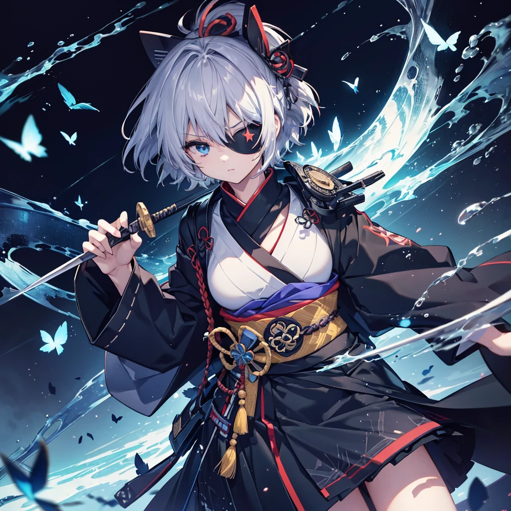 (((1 person　Put on an eye patch　Gray Hair)))　((High resolution　short hair　Black kimono　Shoulder　Rin々Funny face　knifeを胸の前で構える))　((Black Band　samurai　Lonely　despair　blue eyes　Close-up))　((Blue Butterfly　night　Japanese style　old　Shining Aura　garden　water surface　Catch the wind　Distorted Space))　(dance　日本knife　knife　Slashing)　月night　moonlight　star　Draw your sword　Shining Background　Shining Edge