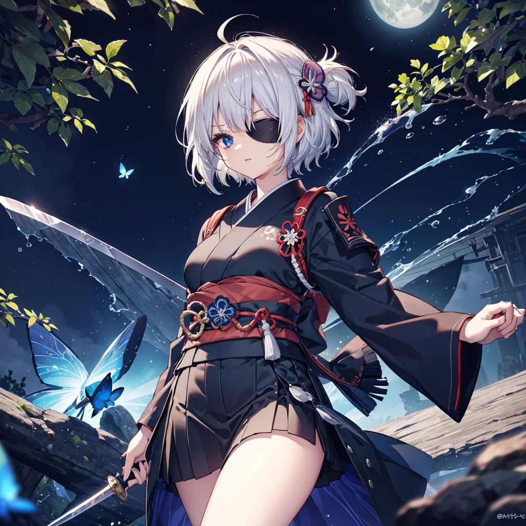 (((1 person Put on an eye patch Gray Hair))) ((High resolution short hair Black kimono Shoulder Rin々Funny face knifeを胸の前で構える)) ((Black Band samurai Lonely despair blue eyes Close-up)) ((Blue Butterfly night Japanese style old Shining Aura garden water surface Catch the wind Distorted Space)) (dance 日本knife knife Slashing) 月night moonlight star Draw your sword Shining Background Shining Edge