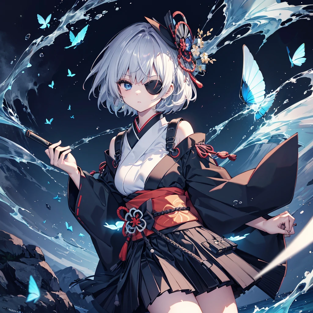 (((1 person　Put on an eye patch　Gray Hair)))　((High resolution　short hair　Black kimono　Shoulder　Rin々Funny face　knifeを胸の前で構える))　((Black Band　samurai　Lonely　despair　blue eyes　Close-up))　((Blue Butterfly　night　Japanese style　old　Shining Aura　garden　water surface　Catch the wind　Distorted Space))　(dance　日本knife　knife　Slashing)　月night　moonlight　star　Draw your sword　Shining Background　Shining Edge