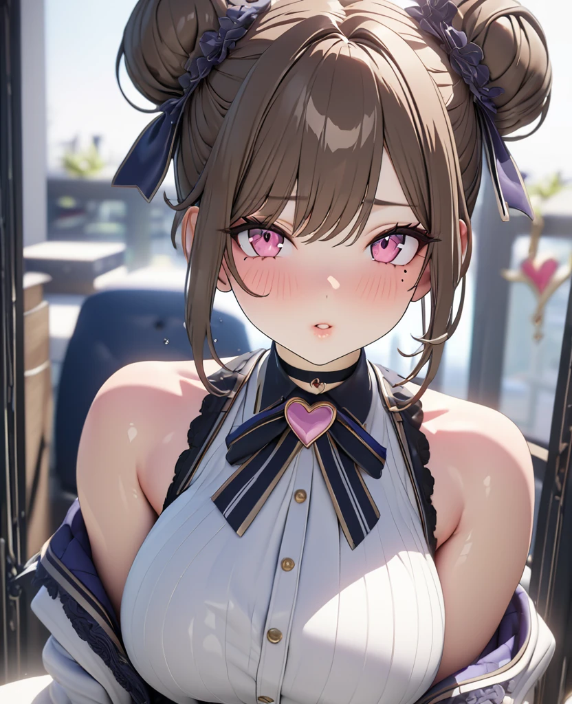 masterpiece, best quality, highly detailed, high resolution, expensive resolution, high resolution, 4K, 8k, uniform 8k wallpaper, highly detailed CG, masterpiece, 2D, 3D, beautiful details, depth, fine texture, best quality: 1.3, perfectly focused, crispy. skin, him, very cute anime girl, idol, brown double hair buns wearing expensive, mole under eye, looking at the viewer, expensive, blush, mole, plump lips, heart, pink eyes, heart shaped choker