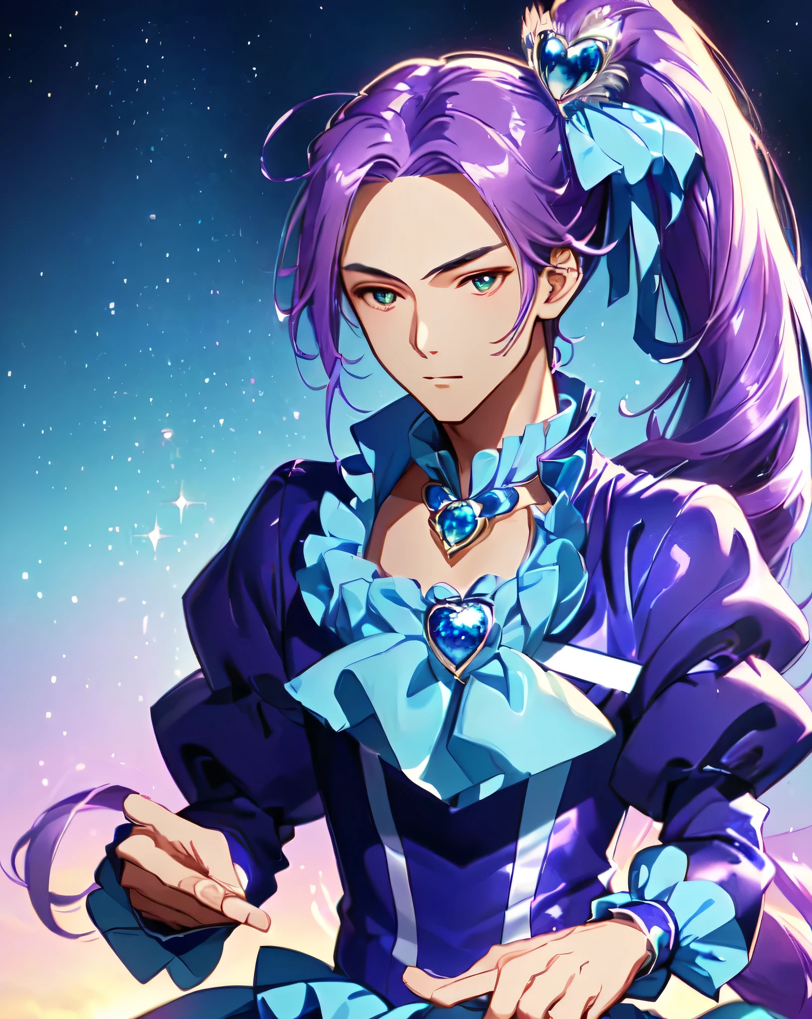 Close-up of a boy wearing a purple and blue one-piece dress with a brooch、Official artwork、He has long cyan-purple hair、Boy with long purple hair、Yellow eyed boy、One-sided up-up hair、Long legs、solo、blue layered ruffle mini skirt、blue thigh-high boots、blue heel boots、Puffy, round sleeves、Purple Arm Warmer、Cool Magic Boy、Official character art、Splash art anime、style of Magic Boy、Full body close-up、Official Fan Art、Anime Moe Art Style、Happy!!!、!!Full body portrait!!、Official character illustration、sparkling Magic Boy、Heavenly Aura、Sapphire Prince、Hymn to the King as a Prince、Magic Boy、portrait of Magic Boy、Cowboy Shot、blue&#39;s iconic character、perfect costume、perfect body、perfect hands、perfect arms、perfect legs、(male body:1.3)、
