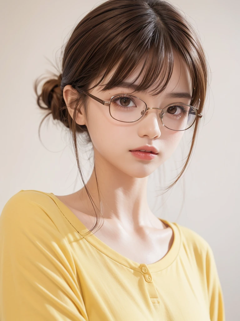 1girl, masterpiece, high_quality, yellow_shirt, glasses, brown_hair