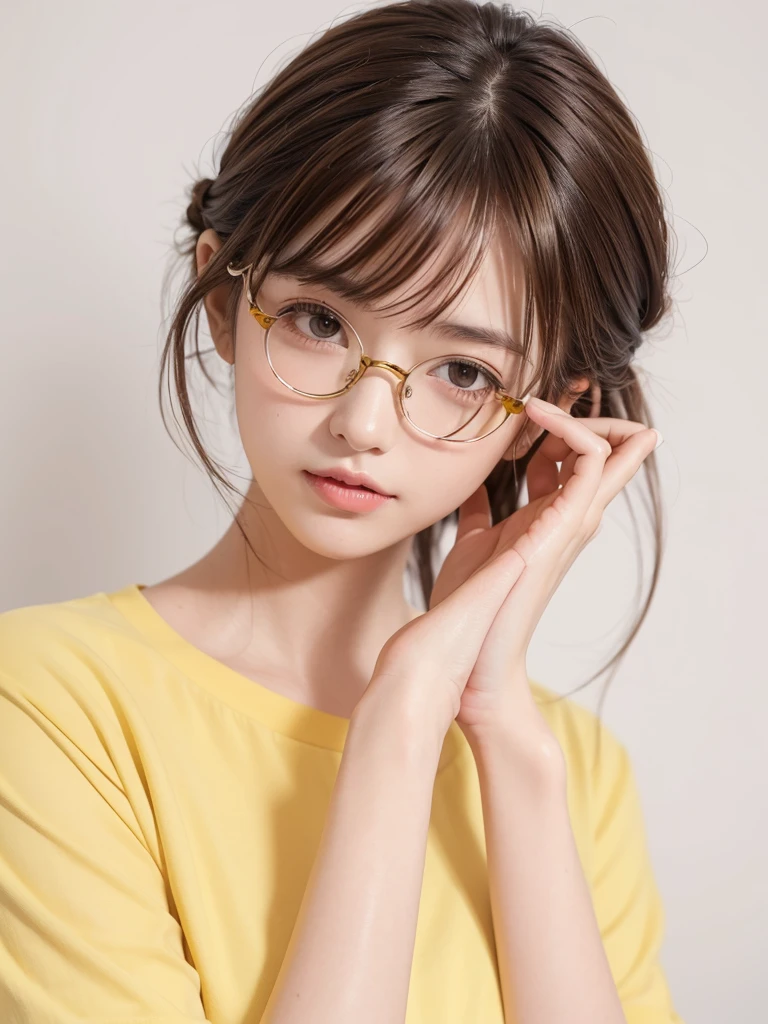 1girl, masterpiece, high_quality, yellow_shirt, glasses, brown_hair