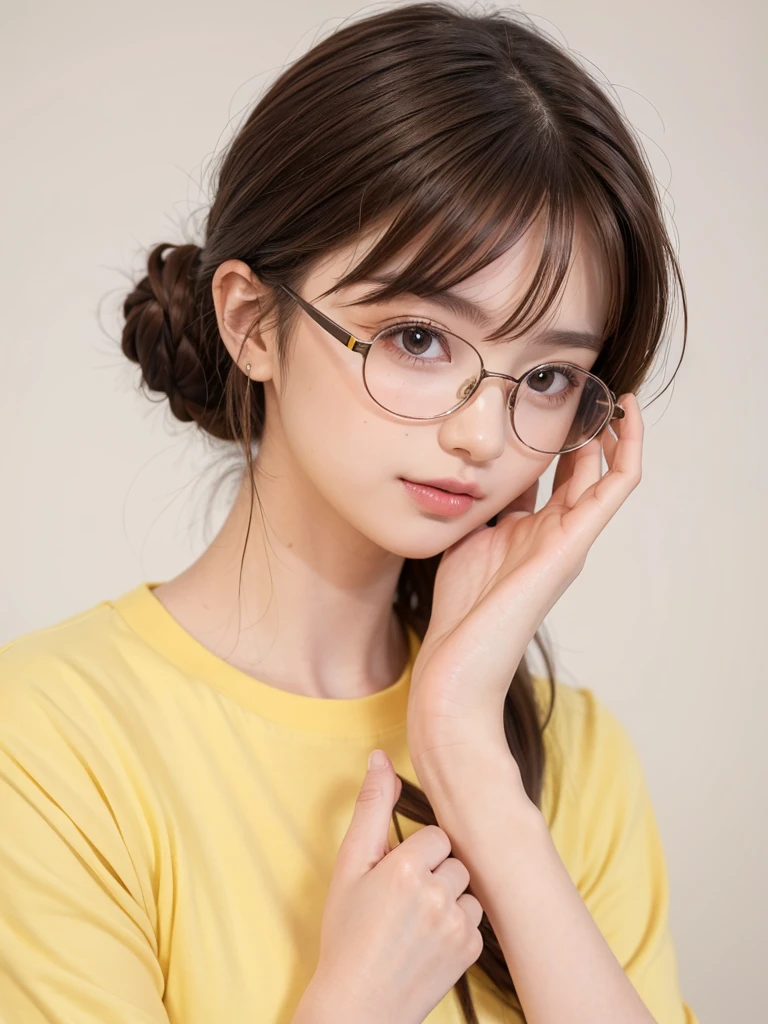 1girl, masterpiece, high_quality, yellow_shirt, glasses, brown_hair