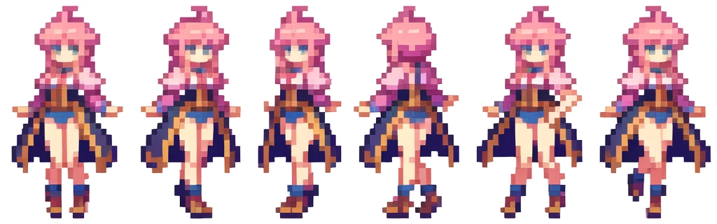 the very same person character chips , masterpiece , best quality , pixel , pixel art , xiangsu , xiang su , sequence frames , front view,  walking,  6 poses , put out one's left foot , put out one's right foot , stay , 1 girl , fantasy clothes , full body , white background , heroine , deformed , sexy , Highly Exposed , angel , pink clothes , pink hair , walking frame
