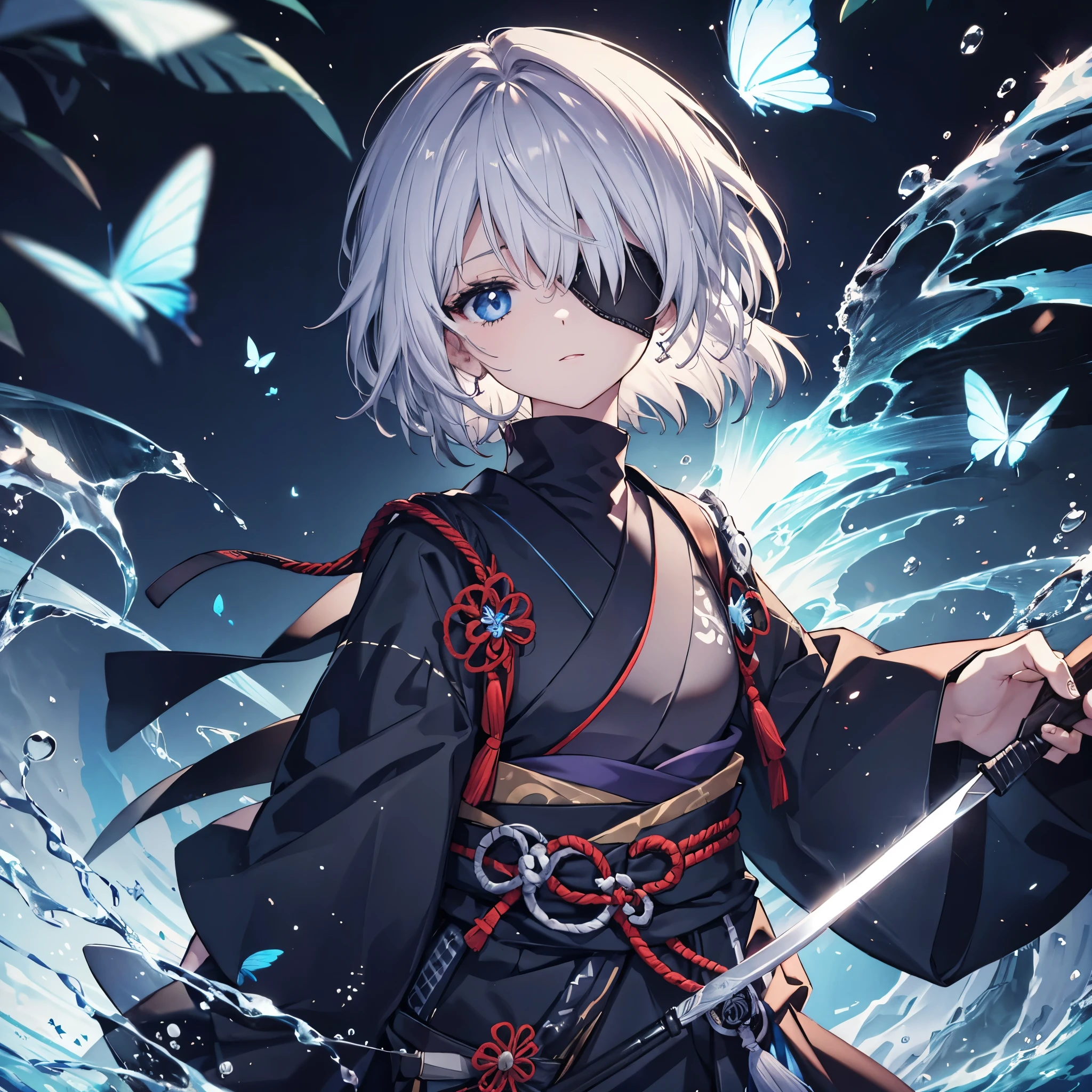 (((1 person　Put on an eye patch　Gray Hair)))　((High resolution　short hair　Black kimono　Shoulder　Rin々Funny face　knifeを胸の前で構える))　((Black Band　samurai　Lonely　despair　blue eyes　Close-up))　((Blue Butterfly　night　Japanese style　old　Shining Aura　garden　water surface　Catch the wind))　(dance　日本knife　knife　Slashing)　月night　moonlight　star　Draw your sword　Shining Background　Shining Edge