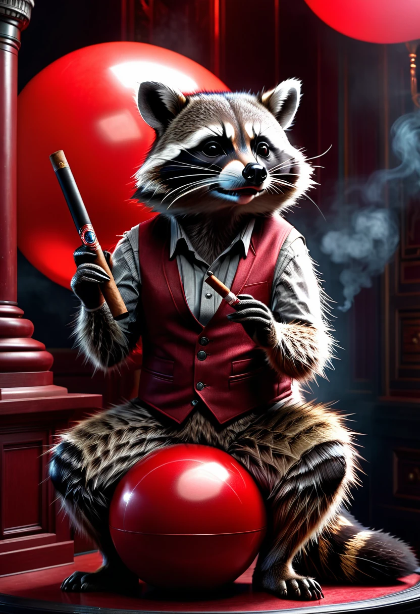 Raccoon with a cigar in his fingers that he is smoking, standing in his space leaning casually on a large red ball that is as big as hon, dark gloomy Resident Evil background, detailed realistic raccoon, detailed photorealistic raccoon, very detailed, 8k, hyperrealistic, Cinematic lighting, dramatic lighting, mood lighting, dark, intricate details, award-winning photography, stunning visual effects