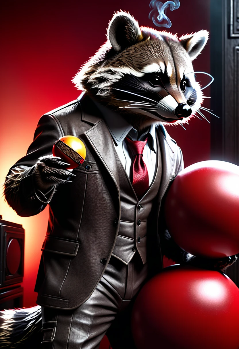 Raccoon with a cigar in his fingers that he is smoking, standing in his space leaning casually on a large red ball that is as big as hon, dark gloomy Resident Evil background, detailed realistic raccoon, detailed photorealistic raccoon, very detailed, 8k, hyperrealistic, Cinematic lighting, dramatic lighting, mood lighting, dark, intricate details, award-winning photography, stunning visual effects