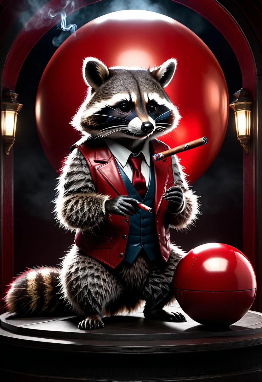 Raccoon with a cigar in his fingers that he is smoking, standing in his space leaning casually on a large red ball that is as big as hon, dark gloomy Resident Evil background, detailed realistic raccoon, detailed photorealistic raccoon, very detailed, 8k, hyperrealistic, Cinematic lighting, dramatic lighting, mood lighting, dark, intricate details, award-winning photography, stunning visual effects