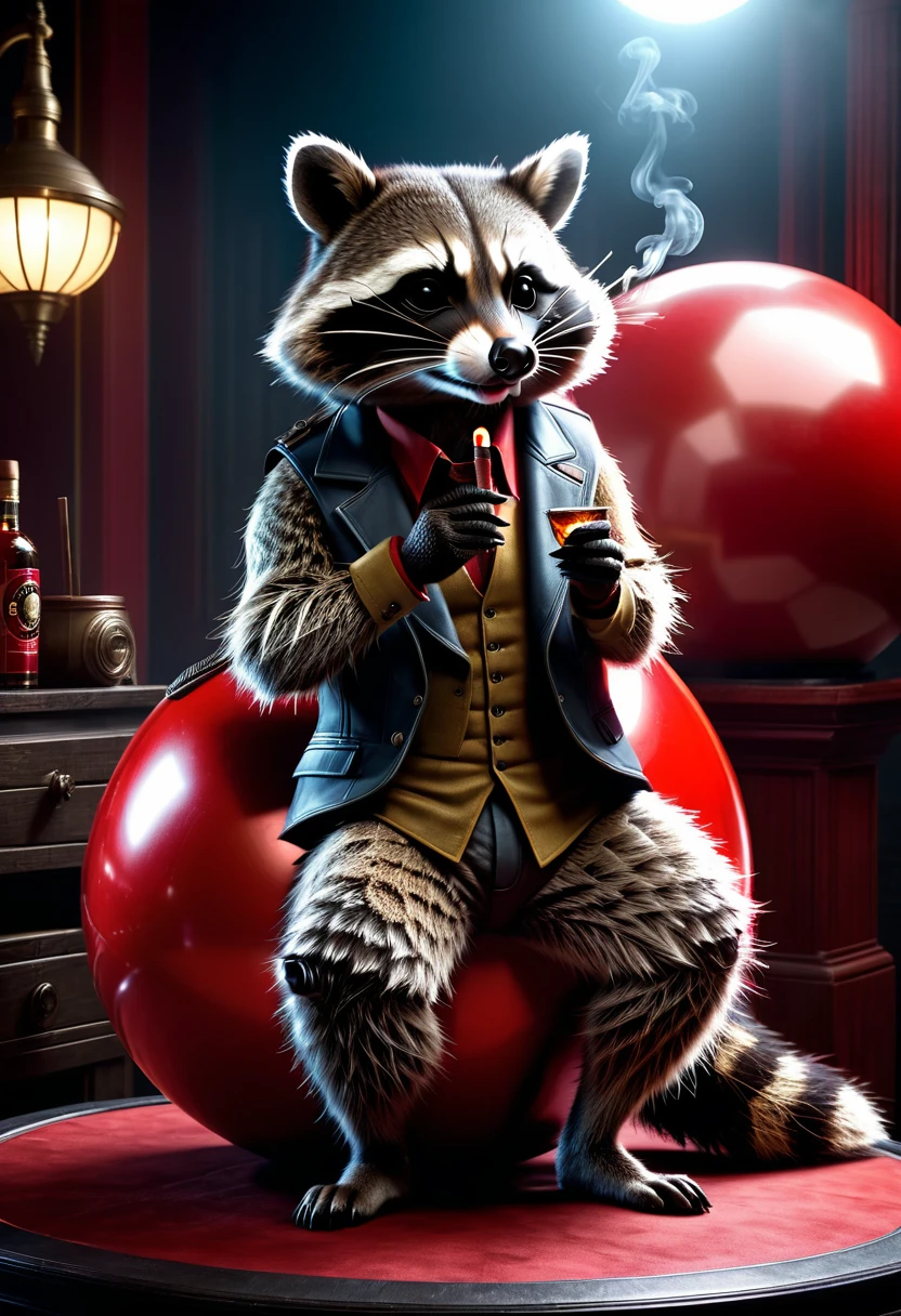 Raccoon with a cigar in his fingers that he is smoking, standing in his space leaning casually on a large red ball that is as big as hon, dark gloomy Resident Evil background, detailed realistic raccoon, detailed photorealistic raccoon, very detailed, 8k, hyperrealistic, Cinematic lighting, dramatic lighting, mood lighting, dark, intricate details, award-winning photography, stunning visual effects