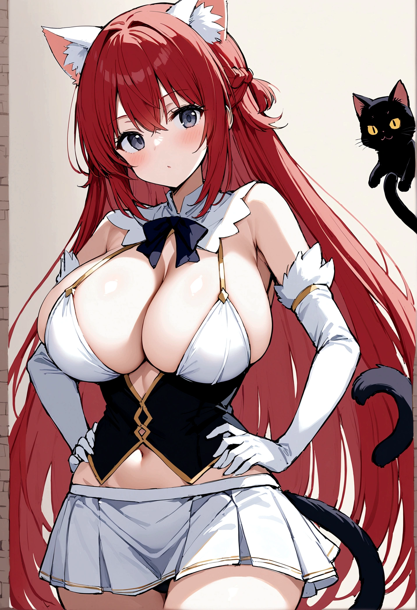 I am Hikaru, I am a white furred cat woman with long red hair along with cat ears and light black eyes with a black cat tail. I am 1.60 cm tall and weigh 46 kg, my breasts measure 300 cm, my waist 60 cm and my hips 200 cm. Dressed in a white mini skirt revealing the black thong I was wearing along with a short, tight black top. With big breasts 300 cm