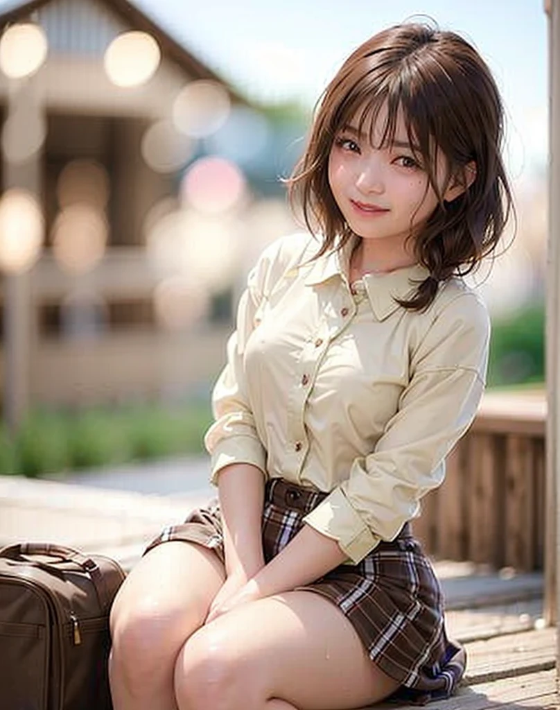 Highest quality, PhotoRealistic, 8K, High resolution, girl, woman, (Skin dents), (Big Breasts), (Professional Lighting, Bokeh), (street), (people々, crowd: 0.6), market, (night: 1.2), (brown: 2.0), (blouse: 1.5), (Portraiture: 0.6), nice, bloom, (Floating Hair), Braided hair, (Dynamic pose: 1.2) , Soft lighting, (masterpiece, Highest quality:1.1), (Ultra-fine 8K CG:1.2), (hyperRealistic:1.35), (PhotoRealistic:1.45), (Realistic:1.4), [Cowboy Shot], (Soft lighting), 1peopleの美しい日本peoplewoman, 20-year-old, Supermodel, Japanese Idols, (smile), Large Breasts, (Sweaty skin:1.2), (school uniform:1.2), (Sit on the ground:1.1), (Spread your legs, inhale, inhale,