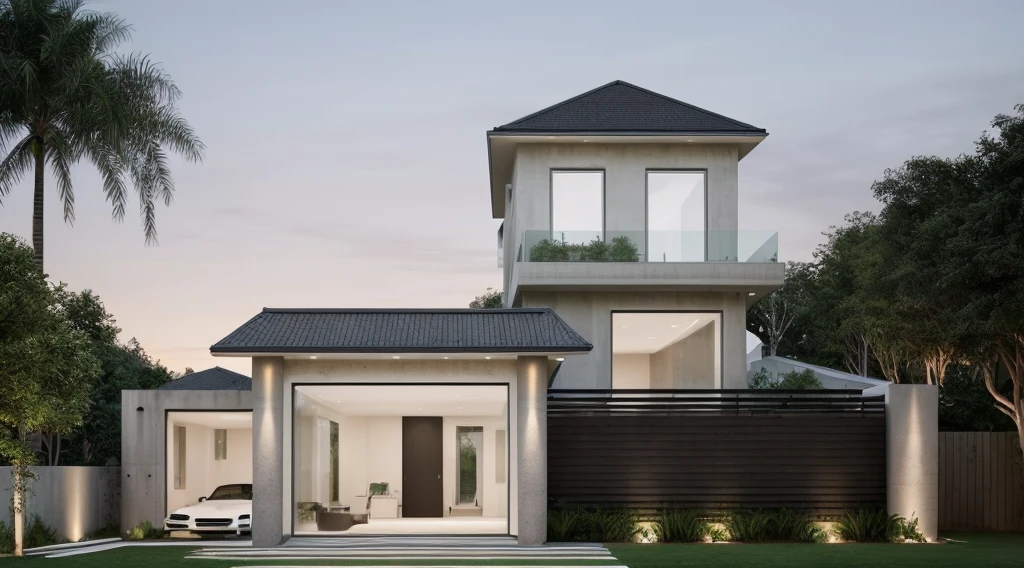 Modern house, sleek design, large windows, clean lines, minimalist, glass, steel, concrete, flat roof, open-plan, manicured lawn, spacious patio, stylish furniture, sunset glow, contemporary architecture, realistic, highquality, masterpiece