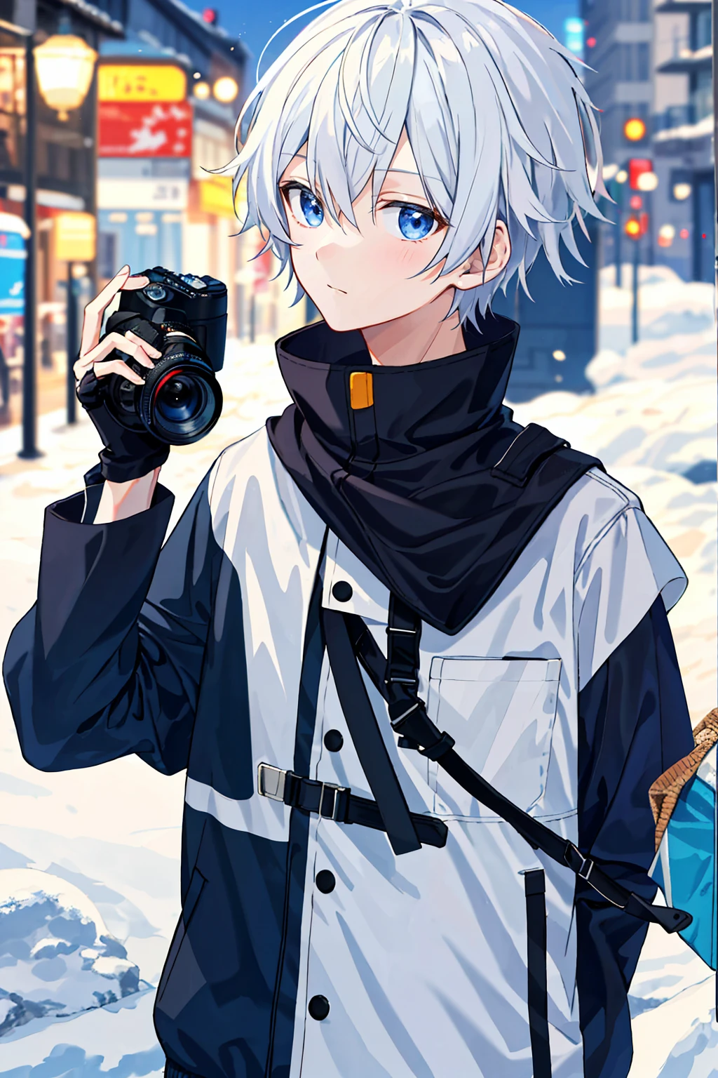8K,high high quality!!Detail Enhancement!!Highest image quality!!holding a camera,Anime boy wearing winter clothes taking photos, upper body,