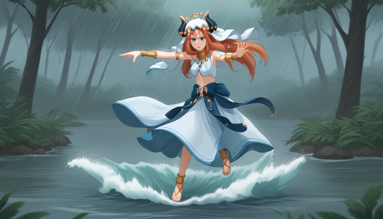 girl, nilou, dnacing, dynamic pose, full length, rain, drippling raindrops, waves, tropical forest meadow