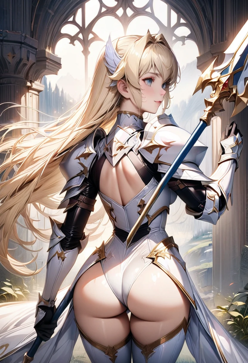 (((highest quality)), ((masterpiece)), ((hyperrealistic)), (detailed background), solo, 1girl, ((curvy: 1.2)), kawaii, gentle smile, ((Princess Knight)), ((back view)), langrisser, blonde braided long hair, ((white leotard: 1.5)), (white paladin armor: 1.3), ((Tight-fitting latex leotard bodysuit)),((spear)), Holding a spear, swing down the spear, spear at the ready, hold the handle of a spear, ((huge breasts)), ((arm guard gauntlet)), ((zettai ryouiki thigh boots)), (big butt), (cleavage cutout), (Groin area), (thigh), beautiful aqua eyes, droopy eyes, parted bangs, perfect face, Perfect hands, perfect fingers, Blue sky and grassland,