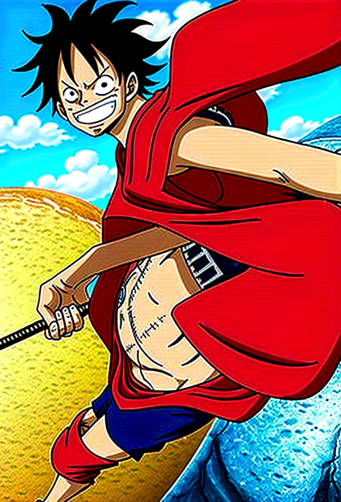 ## Prompt de Imagem de IA: Luffy de One Piece como Goku de Dragon Ball

**scenario:**

* A lush tropical island, com palmeiras altas, white sand and turquoise sea in the background.
* Luffy is standing on top of a giant rock, with fist raised in a pose of defiance.

**charachter:**

* Luffy, the protagonist of One Piece, with his characteristic 19 years of age.
* He is wearing Goku&#39;s full uniform from Dragon Ball Z:
    * Orange gi with blue and white details, tied at the waist with a green belt.
    * Blue boots with white details and red kanji symbol on the side.
    * White wrist guards and gloves.
    * Spiky black hair, with bangs falling over the forehead.
    * In your face, a confident and adventurous smile.

**Action:**

* Luffy is holding Goku&#39;s straw hat in his left hand, with a thoughtful look.
* In the right hand, he holds a wooden staff similar to Goku&#39;s Nyoi-Bō Staff.
* A golden aura emanates from Luffy&#39;s body, indicating that he is using Haki.

**Additional Detail:**

* In the sky, white clouds form as if they were drawing Goku&#39;s face.
* Around Luffy, Seagulls fly in circles, watching the scene with curiosity.
* Luffy&#39;s expression shows determination and strength, pronto para enfrentar qualquer desafio.

**tom:**

* epic, thrilling, with a touch of humor.
* Luffy must transmit Goku&#39;s energy and bravery, combined with One Piece&#39;s cheerful and adventurous personality.
* The scene should be vibrant and colorful, capturing the beauty of the tropical island and the grandeur of the moment.

**objective:**

* Create an image that captures the essence of the fusion between Luffy and Goku, two of the most iconic characters in pop culture.
* The image must be original, divertida e thrilling, awakening the nostalgia of fans of both animes.
* The scene must be technically well executed, using lighting resources, perspective and composition to create an impactful visual effect.

**Observaç
