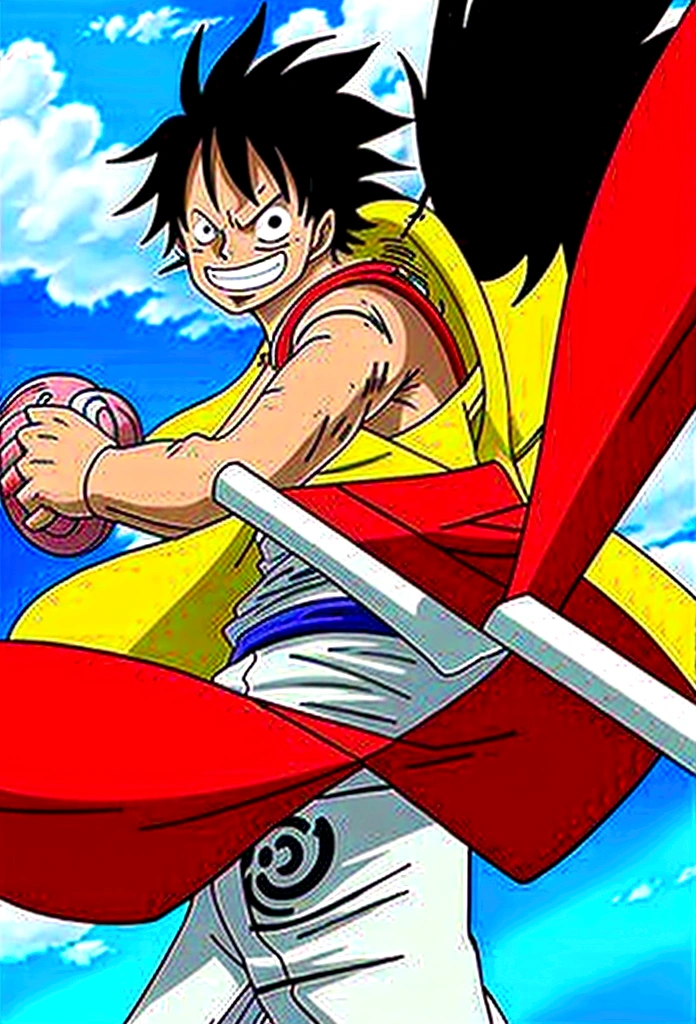 ## Prompt de Imagem de IA: Luffy de One Piece como Goku de Dragon Ball

**scenario:**

* A lush tropical island, com palmeiras altas, white sand and turquoise sea in the background.
* Luffy is standing on top of a giant rock, with fist raised in a pose of defiance.

**charachter:**

* Luffy, the protagonist of One Piece, with his characteristic 19 years of age.
* He is wearing Goku&#39;s full uniform from Dragon Ball Z:
    * Orange gi with blue and white details, tied at the waist with a green belt.
    * Blue boots with white details and red kanji symbol on the side.
    * White wrist guards and gloves.
    * Spiky black hair, with bangs falling over the forehead.
    * In your face, a confident and adventurous smile.

**Action:**

* Luffy is holding Goku&#39;s straw hat in his left hand, with a thoughtful look.
* In the right hand, he holds a wooden staff similar to Goku&#39;s Nyoi-Bō Staff.
* A golden aura emanates from Luffy&#39;s body, indicating that he is using Haki.

**Additional Detail:**

* In the sky, white clouds form as if they were drawing Goku&#39;s face.
* Around Luffy, Seagulls fly in circles, watching the scene with curiosity.
* Luffy&#39;s expression shows determination and strength, pronto para enfrentar qualquer desafio.

**tom:**

* epic, thrilling, with a touch of humor.
* Luffy must transmit Goku&#39;s energy and bravery, combined with One Piece&#39;s cheerful and adventurous personality.
* The scene should be vibrant and colorful, capturing the beauty of the tropical island and the grandeur of the moment.

**objective:**

* Create an image that captures the essence of the fusion between Luffy and Goku, two of the most iconic characters in pop culture.
* The image must be original, divertida e thrilling, awakening the nostalgia of fans of both animes.
* The scene must be technically well executed, using lighting resources, perspective and composition to create an impactful visual effect.

**Observaç