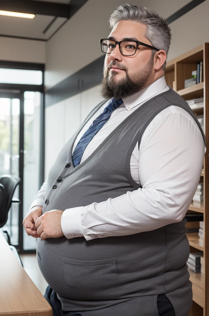 Make a fat man teacher, beardless with glasses and gray hair