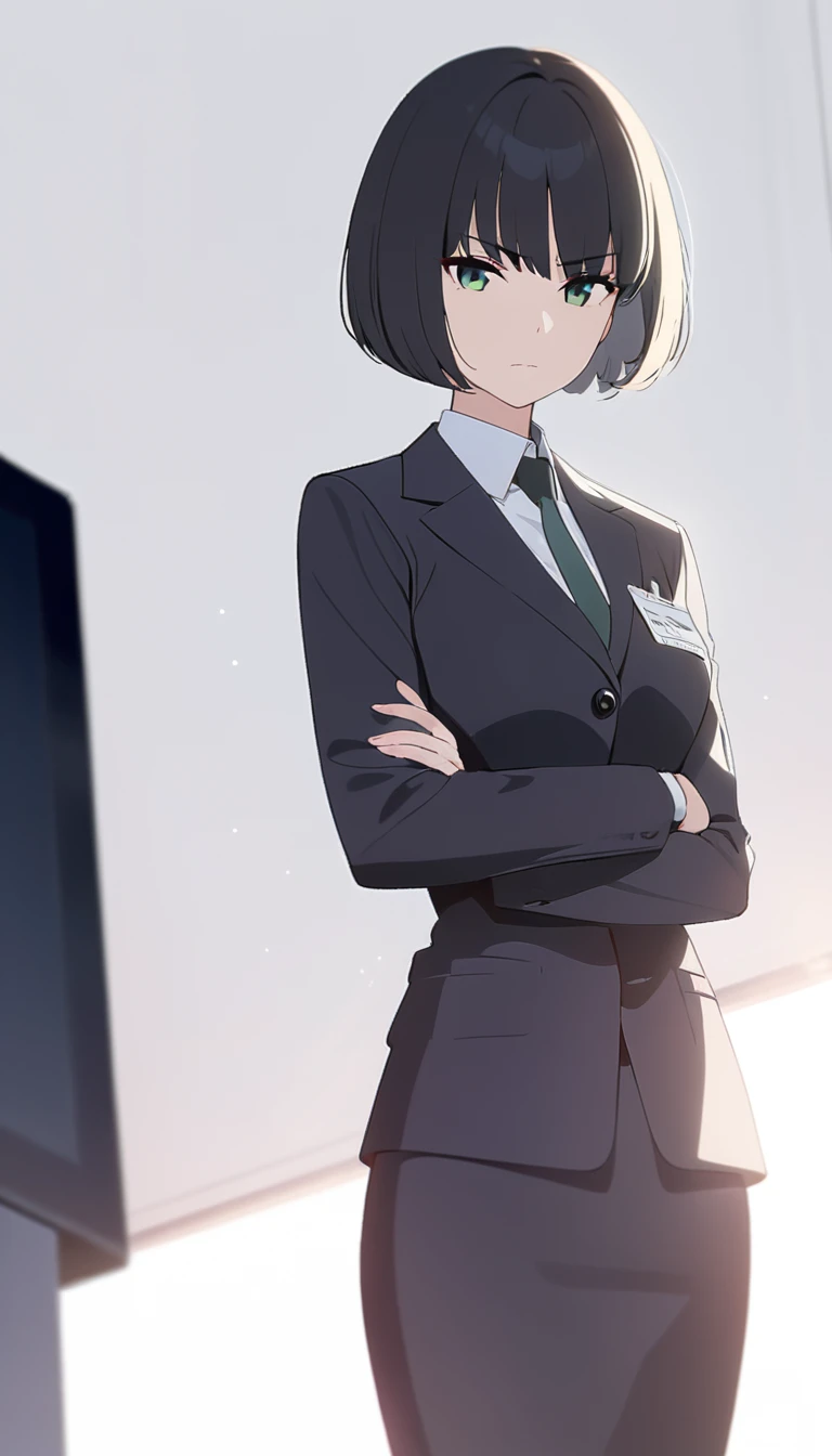 (masterpiece, high quality, best quality, highres,) One Woman, young, black hair, bob cut, Green Eyes, Athletic build, expressionless, closed mouth, office staff suit, Simple white background, standing, cowboy shot, (from the front)