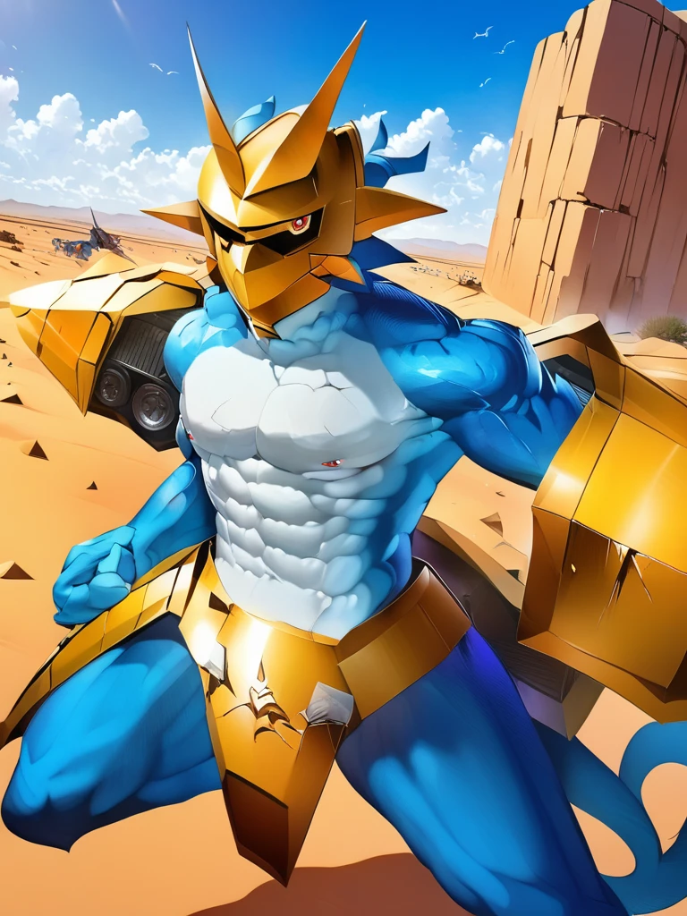 solo,angry ,Magnamon,tall,（musclar：1.5）,blue and white skin,(battle damaged:1.5),(topless Magnamon:2),(armor fragments:1.5),(shirtless:1.5), fighting_stance, in desert ,full_shot
