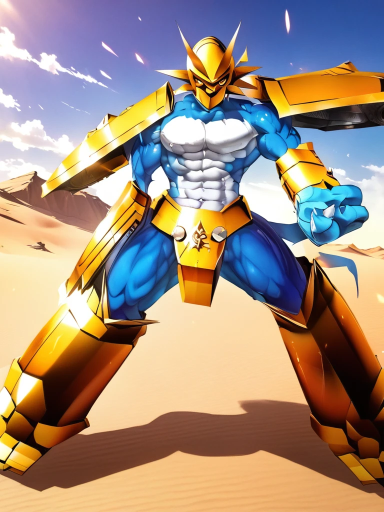 solo,angry ,Magnamon,tall,（musclar：1.5）,blue and white skin,(battle damaged:1.5),(topless Magnamon:2),(armor fragments:1.5),(shirtless:1.5), fighting_stance, in desert ,full_shot
