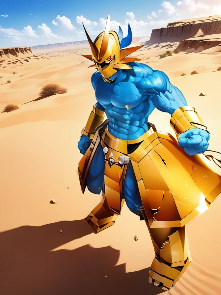 solo,angry ,Magnamon,tall,（musclar：1.5）,blue and white skin,(battle damaged:1.5),(topless Magnamon:2),(armor fragments:1.5),(shirtless:1.5), fighting_stance, in desert ,full_shot
