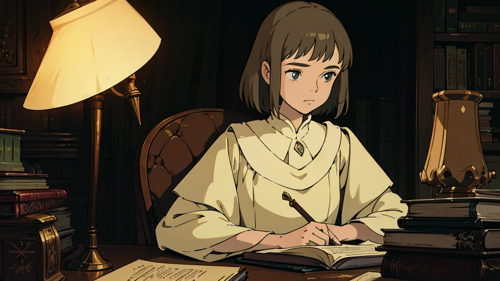 A girl, ensconced in a cozy corner on a rainy evening, sits surrounded by a jumble of books with an intensely profound study attitude. The soft yellow glow of the desk lamp illuminates her thoughtful expression, revealing her deep concentration and composed posture. Her inquisitive eyes dart back and forth between the pages, her nimble fingers turning them with subtle tilt, as she absorbs the old world wisdom contained within. The timeworn margins and sultry aura of the books add to the quiet night ambiance, creating a peaceful and tranquil countenance. This scholarly young woman, clad in plain attire, appears to be a seeker of knowledge and intellect