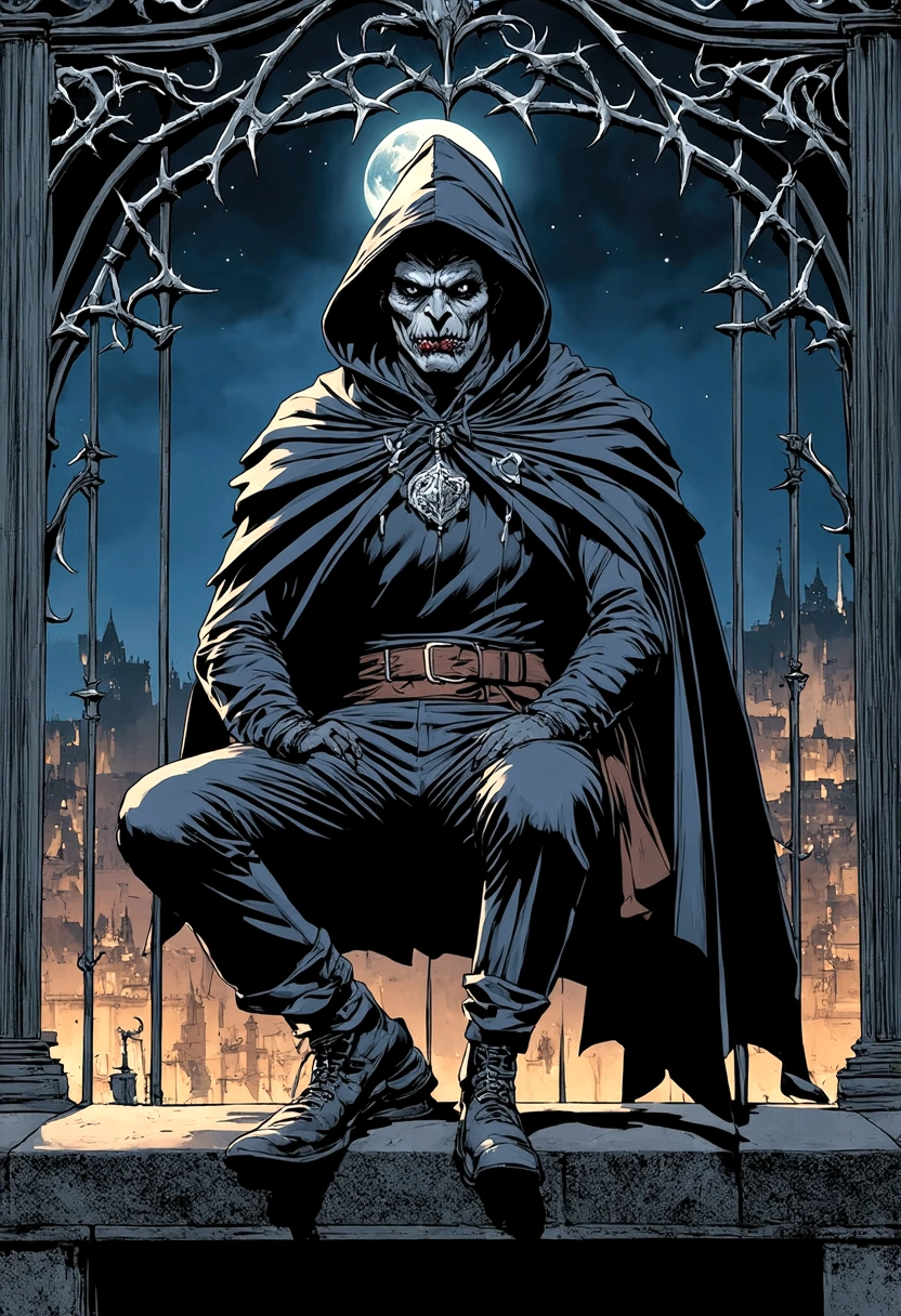 Paris 1900, Dark Fantasy, Dark night, moonlight, strong rim lighting, hard shadows,"CROW MAN", Newspaper title, uncanny ugly hero seated on the ledge, art nouveau architecture, iron structures, strong facial expression, large cape, thorns, intricate outfits, silver ornements, looking the city under, dark cover, adventures, a trip to tomorrow era, hoodie, looking at camera, graphic novel, vibrant, vivid life, hero pose, dutch angle, detailed black eyes, ligne claire, retro art nouveau style