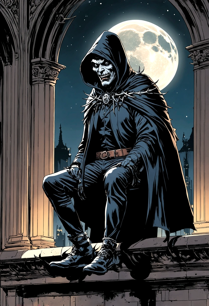 Paris 1900, Dark Fantasy, Dark night, moonlight, strong rim lighting, hard shadows,"CROW MAN", Newspaper title, uncanny ugly hero seated on the ledge, art nouveau architecture, iron structures, strong facial expression, large cape, thorns, intricate outfits, silver ornements, looking the city under, dark cover, adventures, a trip to tomorrow era, hoodie, looking at camera, graphic novel, vibrant, vivid life, hero pose, dutch angle, detailed black eyes, ligne claire, retro art nouveau style