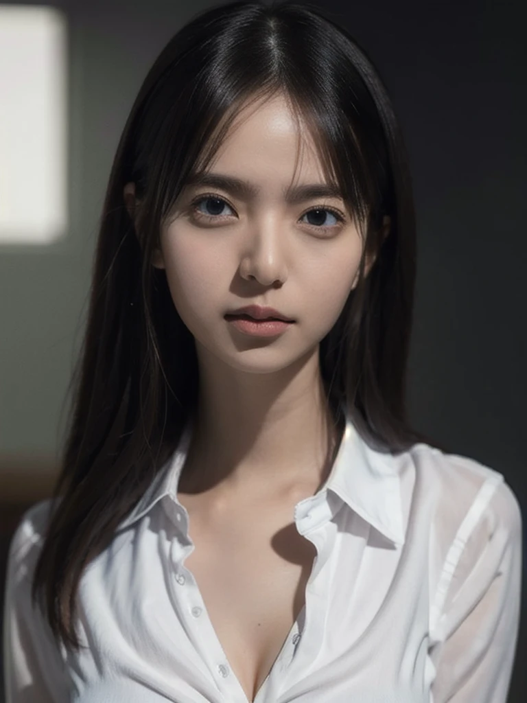 1girl, woman, masterpiece, best quality, highest quality, cinematic lighting, (volumetric lighting), extremely detailed CG unity 8k wallpaper, focused, 8k wallpaper, extremely detailed, ultra realistic, photorealistic, sharp focus, absurdres, (HDR:1.2), (high contrast), photograph, detailed and intricate, instagram, portrait, highly detailed, digital painting, artstation, concept art, smooth, sharp focus, illustration, cinematic lighting, (big breast:1.2), (whole body:1.2), white collar shirt, open shirt, open the button.