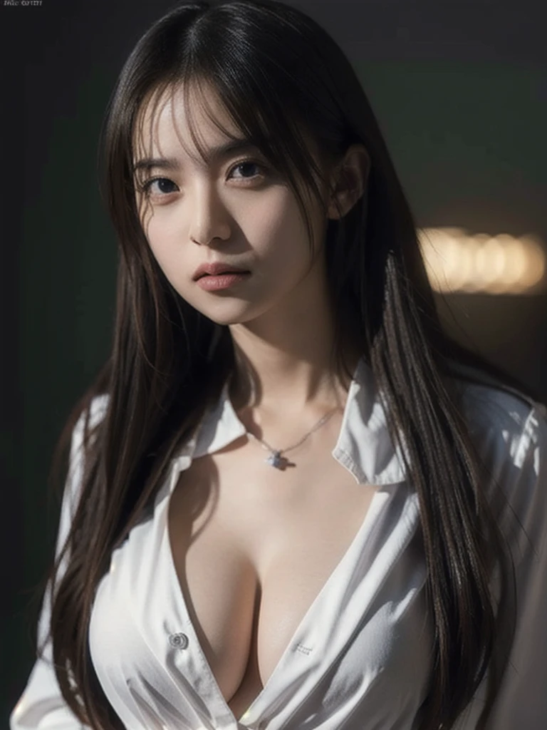 1girl, woman, masterpiece, best quality, highest quality, cinematic lighting, (volumetric lighting), extremely detailed CG unity 8k wallpaper, focused, 8k wallpaper, extremely detailed, ultra realistic, photorealistic, sharp focus, absurdres, (HDR:1.2), (high contrast), photograph, detailed and intricate, instagram, portrait, highly detailed, digital painting, artstation, concept art, smooth, sharp focus, illustration, cinematic lighting, (big breast:1.2), (whole body:1.2), white collar shirt, open shirt, open the button.
