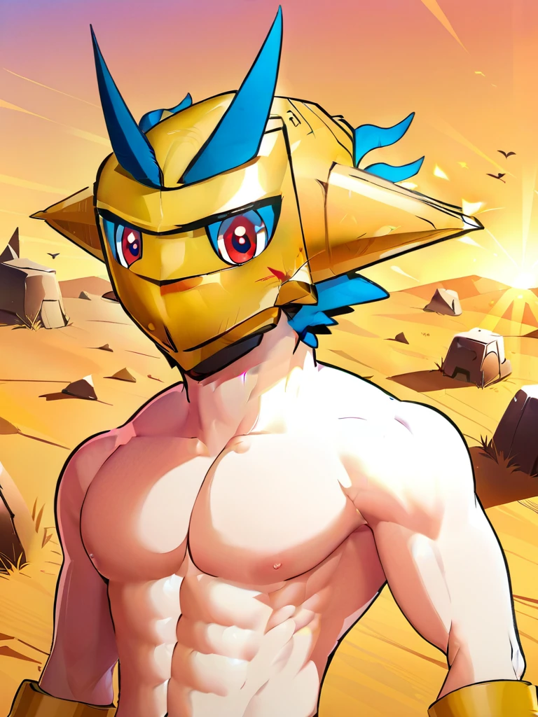 solo,angry ,Magnamon,tall,（musclar：1.5）,blue and white skin,(battle damaged:1.5),(topless Magnamon:2),(armor fragments:1.5),(shirtless:1.5), fighting_stance, in desert ,full_shot
