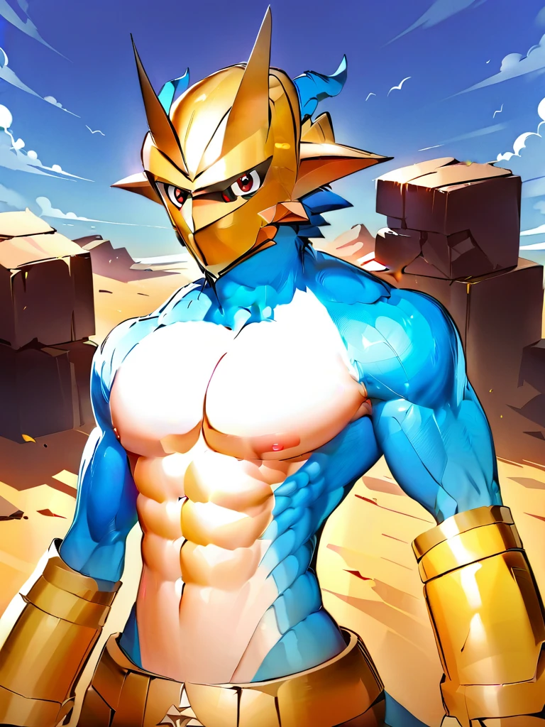 solo,angry ,Magnamon,tall,（musclar：1.5）,blue and white skin,(battle damaged:1.5),(topless Magnamon:2),(armor fragments:1.5),(shirtless:1.5), fighting_stance, in desert ,full_shot
