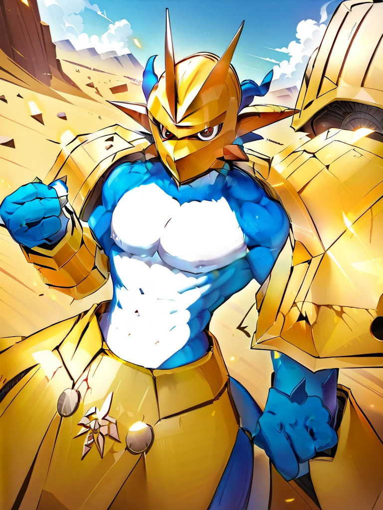 solo,angry ,Magnamon,tall,（musclar：1.5）,blue and white skin,(battle damaged:1.5),(topless Magnamon:2),(armor fragments:1.5),(shirtless:1.5), fighting_stance, in desert ,full_shot
