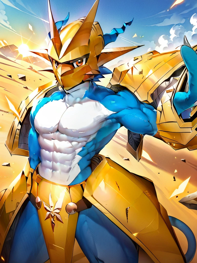 solo,angry ,Magnamon,tall,（musclar：1.5）,blue and white skin,(battle damaged:1.5),(topless Magnamon:2),(armor fragments:1.5),(shirtless:1.5), fighting_stance, in desert ,full_shot
