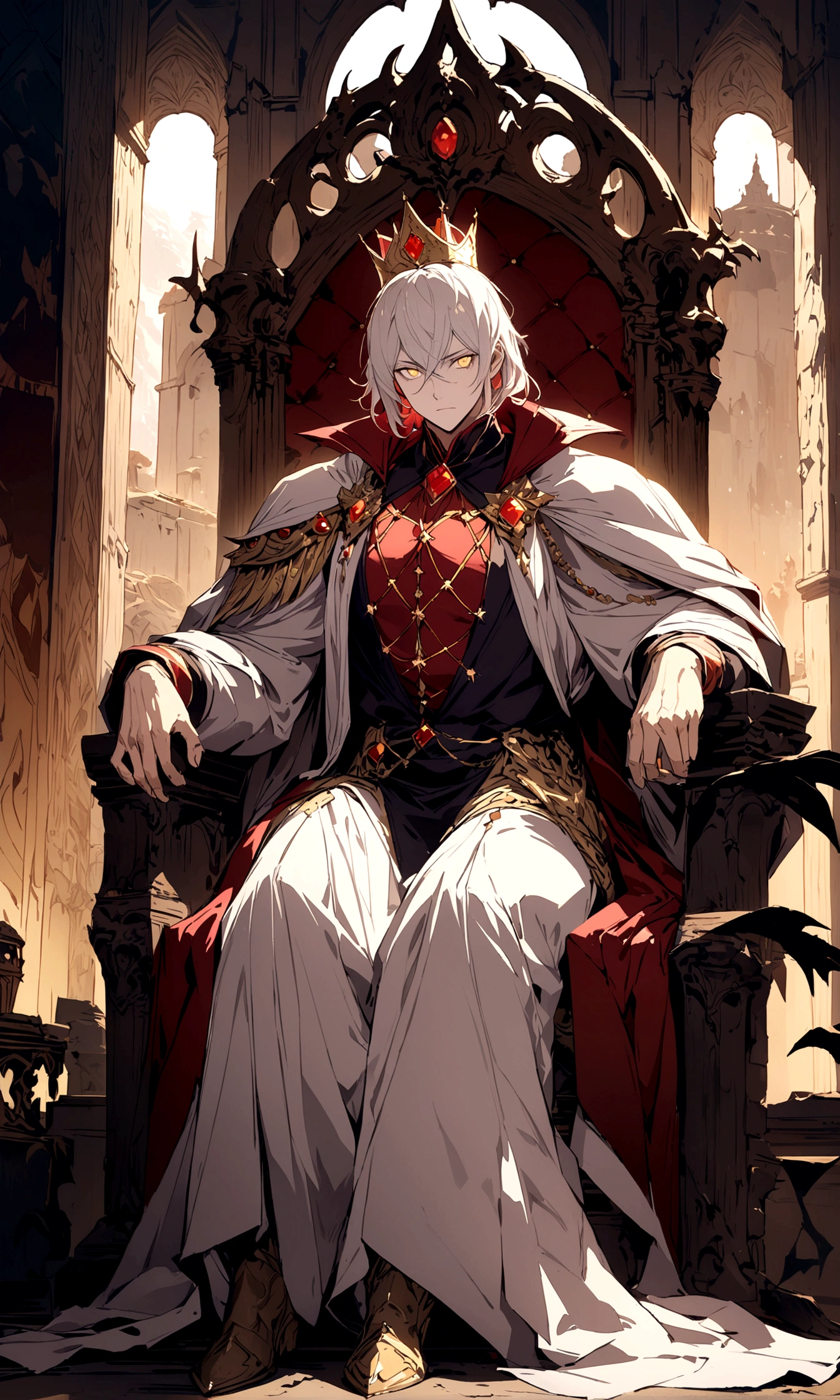A white-haired, golden-eyed prince sits on a majestic throne inside an abandoned palace with crown. The environment around him is dark and gloomy, with cracks in the walls and cobwebs hanging there. The throne is ornate, with details in gold and precious stones, and is covered by a dusty cloth. The protagonist is wearing royal clothing, with a determined expression on his face, as he stares at the horizon with glowing golden eyes, masterpiece, best quality, ultra-detailed, illustration, 8k resolution concept art, fantasy art, epic art, concept art wallpaper 4k, deep color, natural lighting. adult, handsome, tall muscular guy, broad shoulders.