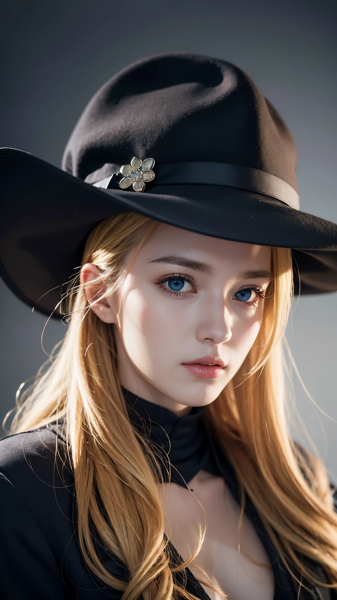 Best quality, masterpiece, ultra high res, (photorealistic:1.4), raw photo, 1girl, blonde hair, blue eyes, detailed eyes and face, black suit, dynamic lighting, in the dark, deep shadow, low key, cowboy shot full-lenght body