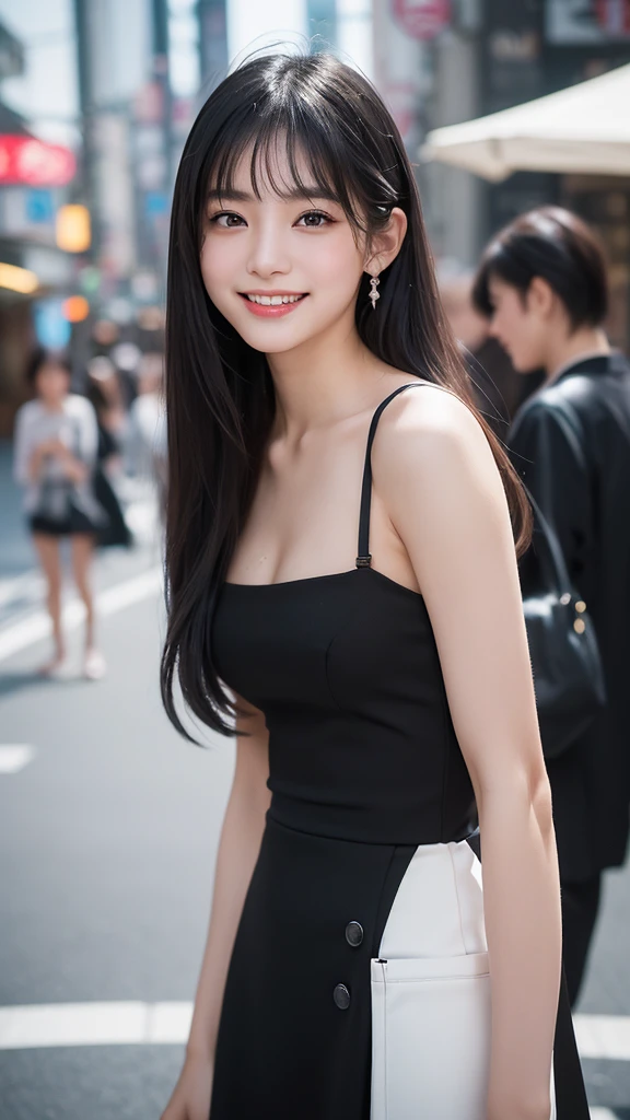 1 female,18 year old,smile:1.3,(BLACK eyes:1.3),((8K,masterpiece,Perfect Anatomy)),Cowboy Shot,(Beautiful and exquisite face and eyes,gorgeous eyes:1.3) ,Black Hair:1.3,bangs,smile,blush,Small breasts,Tokyo street、((Background blur)),((赤&白&黒のコーディネート:1.3))、ロングヘアー,Street Snap、