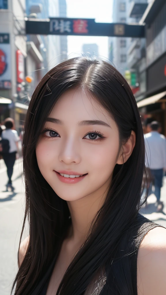 1 female,18 year old,smile:1.3,(BLACK eyes:1.3),((8K,masterpiece,Perfect Anatomy)),Cowboy Shot,(Beautiful and exquisite face and eyes,gorgeous eyes:1.3) ,Black Hair:1.3,bangs,smile,blush,Small breasts,Tokyo street、((Background blur)),((赤&白&黒のコーディネート:1.3))、ロングヘアー,Street Snap、