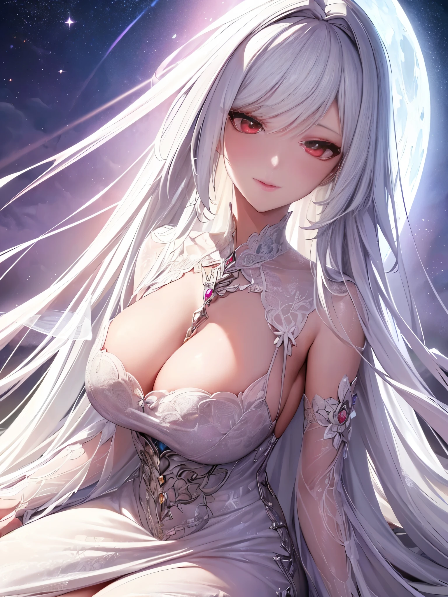 highres, highest quallity, cinematic light, ultra detailed, detailed face, (detailed eyeest quality, hyper detailed, masterpiece, (detailed face),1girl, girl,red eyes, highest details, lumiphius eyes, high breats, sitting, full moon, backlighting, light rays, (high contrast), (colorful),Voluptious body, Good anatomy,iintricate,long hair,in spring,night,Alps,flowers meadows,hyper_galaxy,starry_sky,cloud,phi_wings,bishoujo,light_blush,slit_pupils,slender_waistseductive_smile,absurdres,Gorgeous white formal dress,intricate details,detailed face and eyes,Gorgeous jewelry ornaments,Very Long volumiphius Hair,perfect lighting,white hair,clavicle,Ray traching,ctextured skin,high detal,Best quality 4K,pastelcolor,Fairy skin,