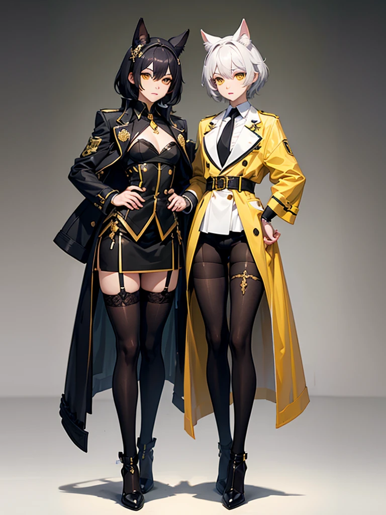 Femboy, black withe hair, yellow eye, coat fashion, ชุดเปิดไหล่,concept art, full body