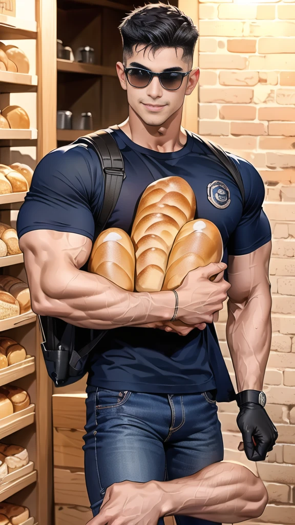 1 man,(Skinheads hairstyles) ,black eye,(Wear a fitted round neck t-shirt in navy with a police badge.:1.3),(fit neck),Navy blue jeans,(black_gloves), Korean guy,chest muscles,large arm muscles,blood vessel,Big muscles,Broad shoulders,(Carrying a black backpack:1.3),(sunglasses:1.1), smile, middle of the road,(full_shot:1.6),(In the bread shop:1.2),